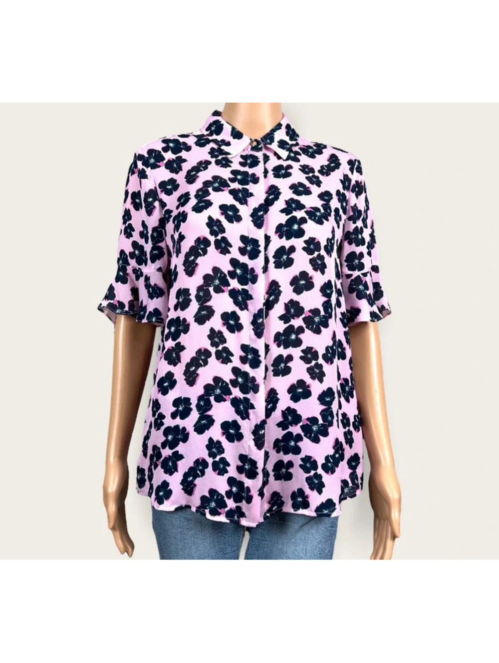 Draper James pink blue floral ruffle sleeve silk button blouse shirt size 4